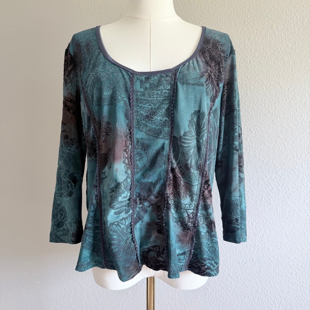Dressbarn Petite XL Teal Tie Dye Paisley Mesh Top Boho Fairy Whimsigothic Y2K